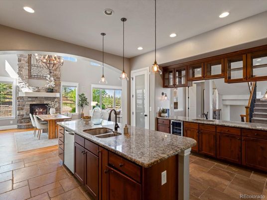Chandelier, Dining room, Fireplace, Interior, Kitchen, Pendant Lights, Recessed Lighting