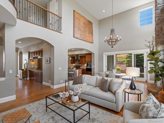 Chandelier, Dining room, Interior, Kitchen, Living room, Pendant Lights, Recessed Lighting, Stainless Steel Appliances, Wood Texture Flooring