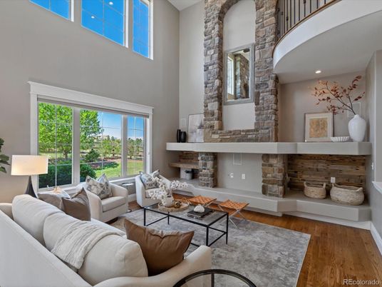 Fireplace, Interior, Living room, Recessed Lighting, Stone Walls, Wood Texture Flooring