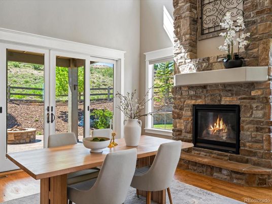 Dining room, Fireplace, Interior, Wood Texture Flooring
