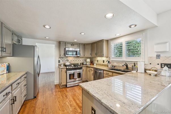 Interior, Kitchen, Recessed Lighting, Stainless Steel Appliances, Wood Texture Flooring