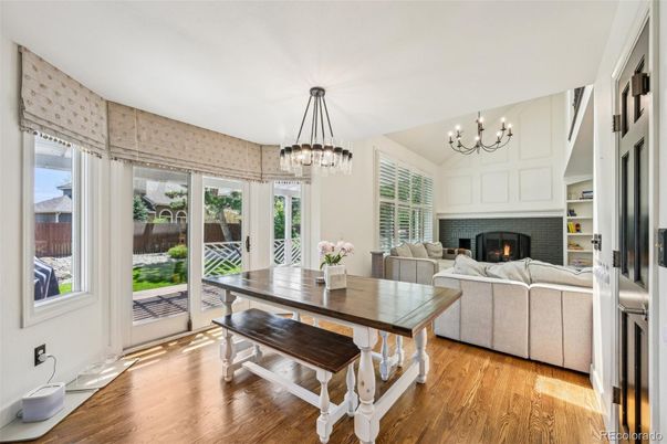 Chandelier, Dining room, Fireplace, Interior, Living room, Pendant Lights, Wood Texture Flooring