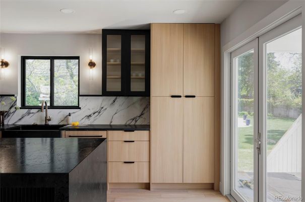 Interior, Kitchen, Marble Walls, Recessed Lighting, Wood Texture Flooring