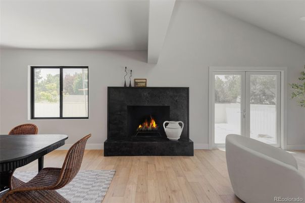 Dining room, Fireplace, Interior, Wood Texture Flooring