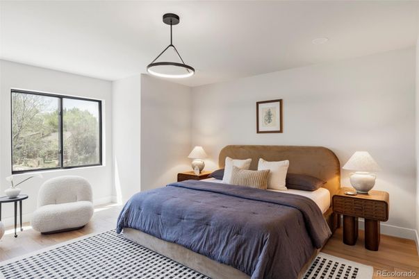 Bedroom, Interior, Pendant Lights, Wood Texture Flooring