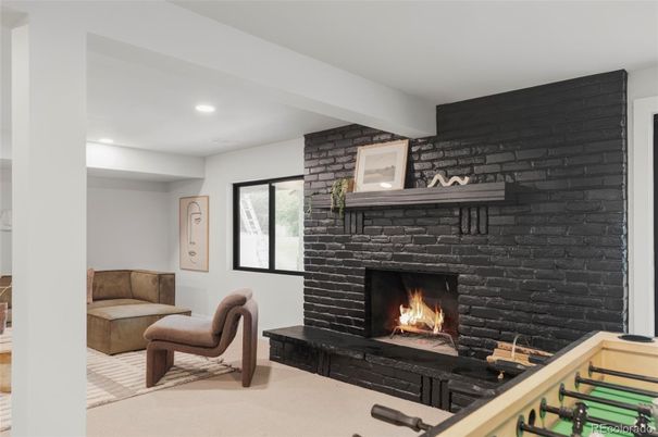 Fireplace, Interior, Recessed Lighting, Stone Walls