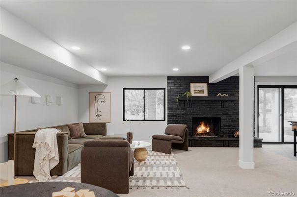 Fireplace, Interior, Living room, Recessed Lighting, Stone Walls