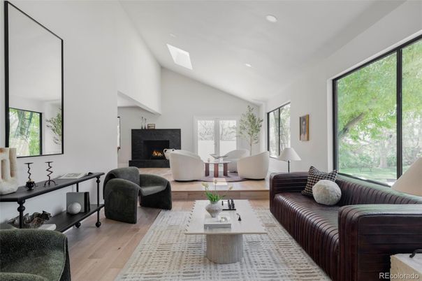 Fireplace, Interior, Living room, Recessed Lighting, Wood Texture Flooring