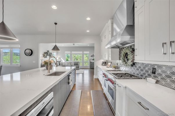 Interior, Kitchen, Living room, Pendant Lights, Recessed Lighting, Stainless Steel Appliances, Wood Texture Flooring