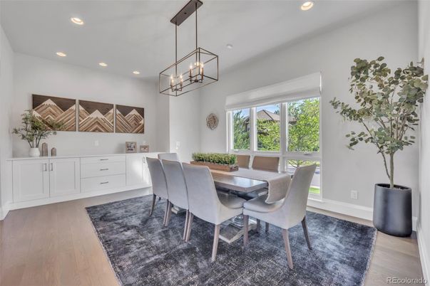 Dining room, Interior, Pendant Lights, Recessed Lighting, Wood Texture Flooring