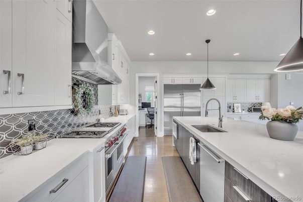 Interior, Kitchen, Pendant Lights, Recessed Lighting, Stainless Steel Appliances, Wood Texture Flooring