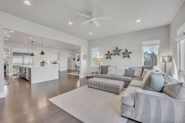 Interior, Kitchen, Living room, Pendant Lights, Recessed Lighting, Stainless Steel Appliances, Wood Texture Flooring