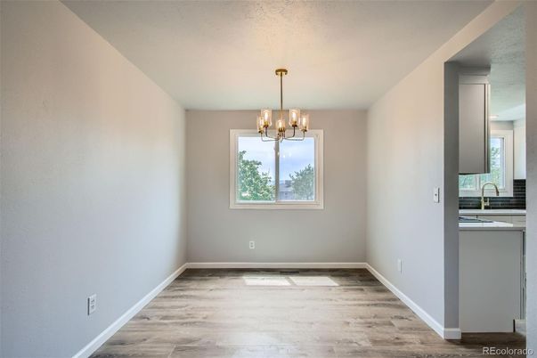 Chandelier, Empty room, Interior, Kitchen, Pendant Lights, Wood Texture Flooring