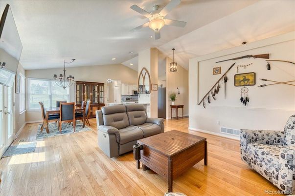 Chandelier, Dining room, Interior, Living room, Pendant Lights, Recessed Lighting, Wood Texture Flooring