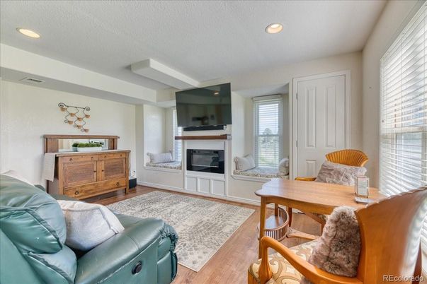 Fireplace, Home Office, Interior, Recessed Lighting, Wood Texture Flooring