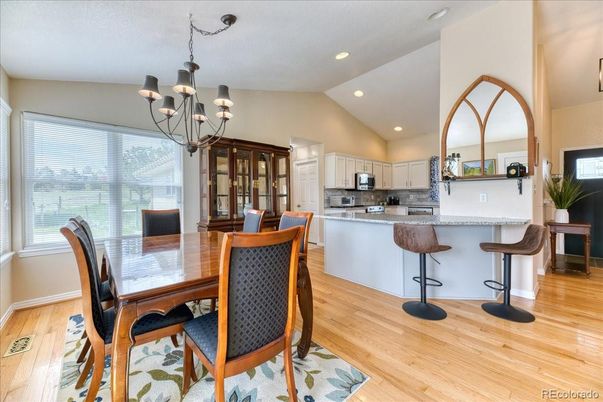 Chandelier, Dining room, Interior, Kitchen, Recessed Lighting, Wood Texture Flooring