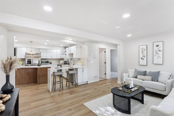 Interior, Kitchen, Living room, Pendant Lights, Recessed Lighting, Stainless Steel Appliances, Wood Texture Flooring