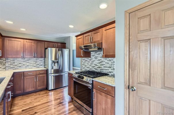 Interior, Kitchen, Recessed Lighting, Stainless Steel Appliances, Wood Texture Flooring