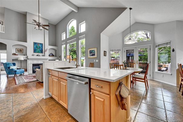 Dining room, Fireplace, Interior, Kitchen, Living room, Pendant Lights, Wood Texture Flooring