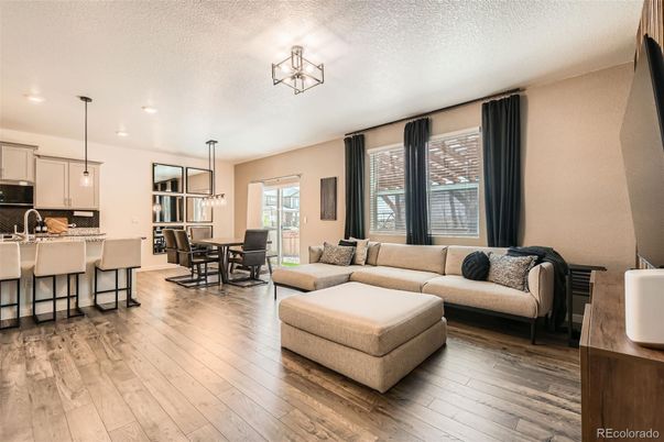 Dining room, Interior, Kitchen, Living room, Pendant Lights, Recessed Lighting, Wood Texture Flooring