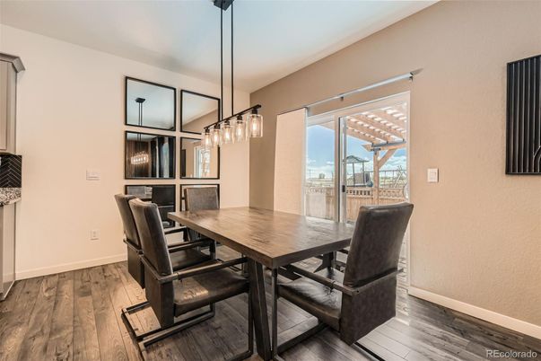 Dining room, Interior, Pendant Lights, Wood Texture Flooring