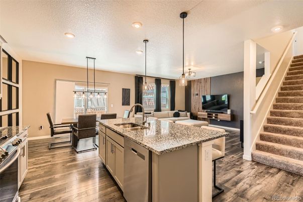 Dining room, Interior, Kitchen, Living room, Pendant Lights, Recessed Lighting, Wood Texture Flooring