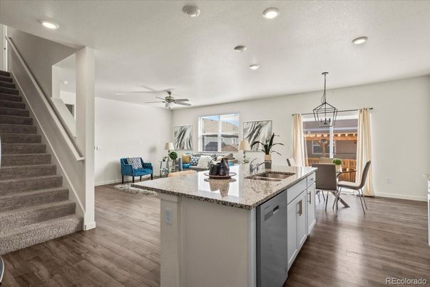 Dining room, Interior, Kitchen, Living room, Pendant Lights, Recessed Lighting, Wood Texture Flooring