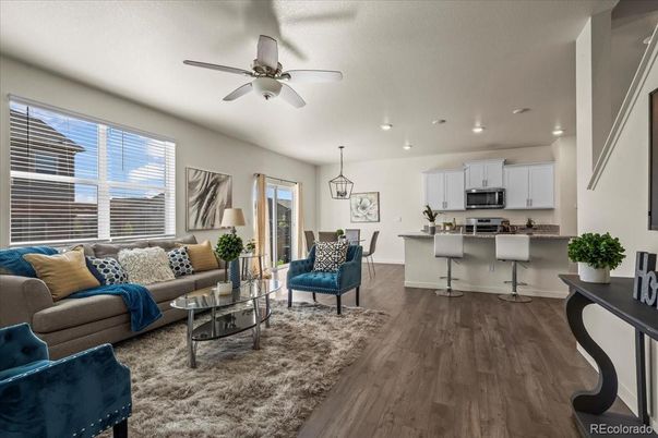 Dining room, Interior, Kitchen, Living room, Pendant Lights, Recessed Lighting, Stainless Steel Appliances, Wood Texture Flooring