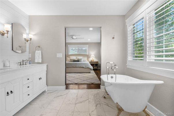 Bathroom, Bedroom, Dual Sink Vanities, Free Standing Baths, Interior, Marble, Recessed Lighting