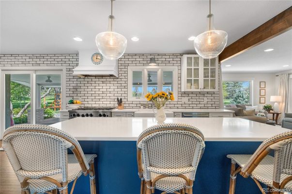 Interior, Kitchen, Pendant Lights, Recessed Lighting, Stainless Steel Appliances, Stone Walls, Wooden Beams