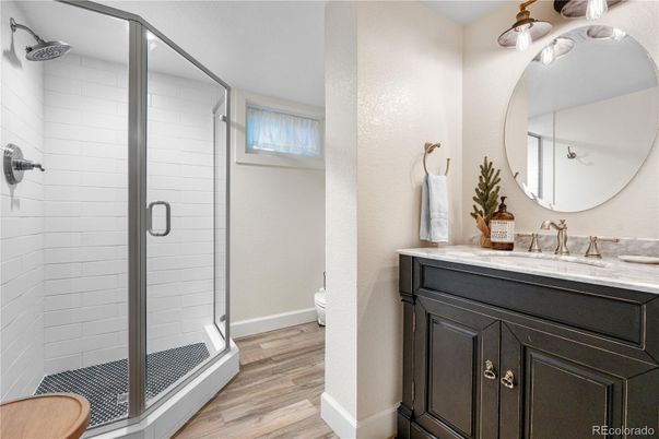 Bathroom, Glass Shower, Interior, Wood Texture Flooring