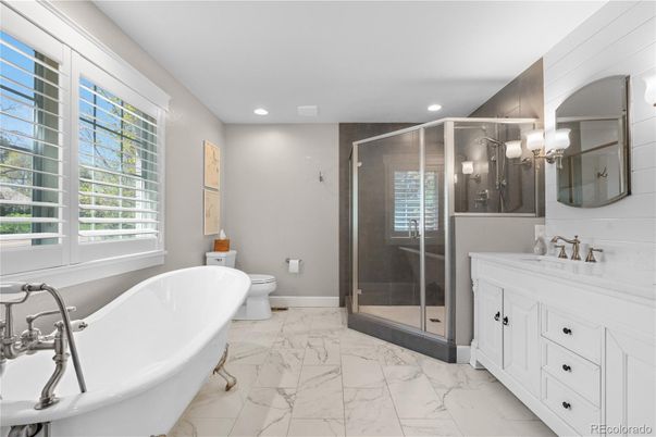 Bathroom, Dual Sink Vanities, Free Standing Baths, Glass Shower, Interior, Marble, Recessed Lighting