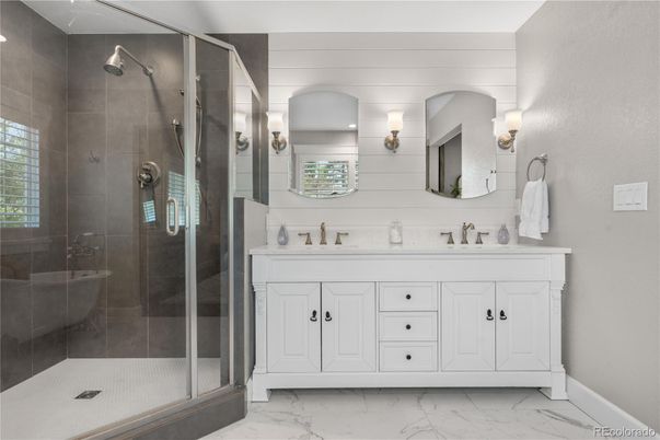 Bathroom, Dual Sink Vanities, Glass Shower, Interior, Marble