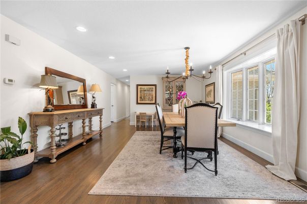 Chandelier, Dining room, Interior, Recessed Lighting, Wood Texture Flooring