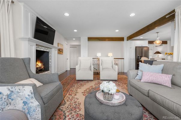 Dining room, Fireplace, Interior, Kitchen, Living room, Pendant Lights, Recessed Lighting, Wood Texture Flooring