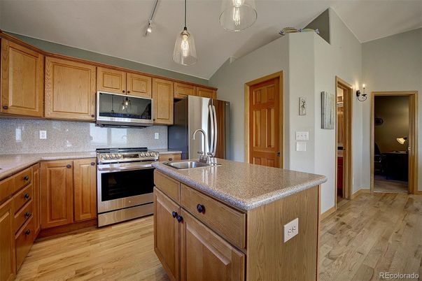 Interior, Kitchen, Pendant Lights, Stainless Steel Appliances, Wood Texture Flooring