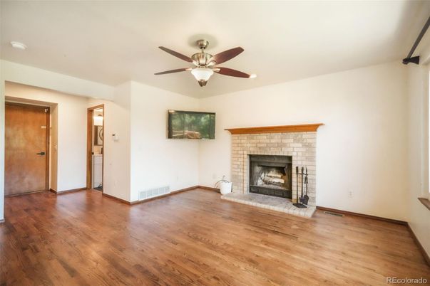 Empty room, Fireplace, Interior, Recessed Lighting, Wood Texture Flooring