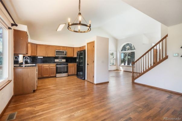 Chandelier, Interior, Kitchen, Stainless Steel Appliances, Wood Texture Flooring