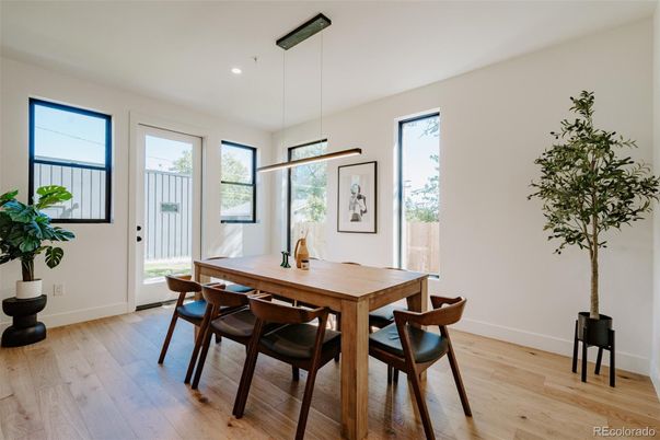 Dining room, Interior, Pendant Lights, Recessed Lighting, Wood Texture Flooring