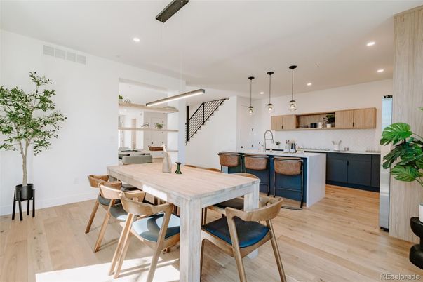 Dining room, Interior, Kitchen, Pendant Lights, Recessed Lighting, Wood Texture Flooring