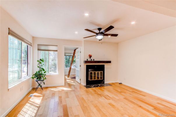 Empty room, Fireplace, Interior, Recessed Lighting, Wood Texture Flooring