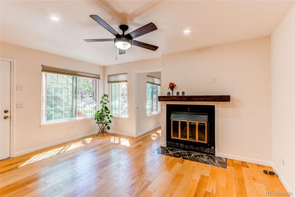Empty room, Fireplace, Interior, Recessed Lighting, Wood Texture Flooring