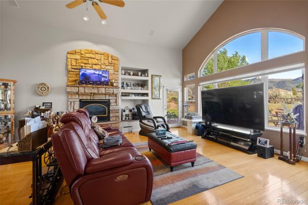 Fireplace, Interior, Living room, Stone Walls, Wood Texture Flooring