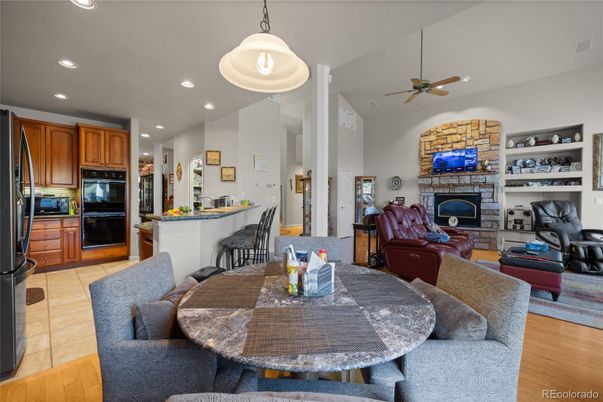 Dining room, Fireplace, Interior, Kitchen, Living room, Pendant Lights, Recessed Lighting, Stone Walls, Wood Texture Flooring