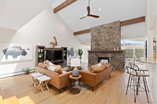 Fireplace, Interior, Living room, Recessed Lighting, Stone Walls, Wooden Beams, Wood Texture Flooring