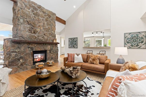 Fireplace, Interior, Living room, Stone Walls, Wooden Beams, Wood Texture Flooring