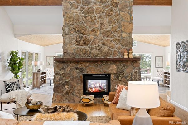 Fireplace, Interior, Living room, Stone Walls, Wood Texture Flooring