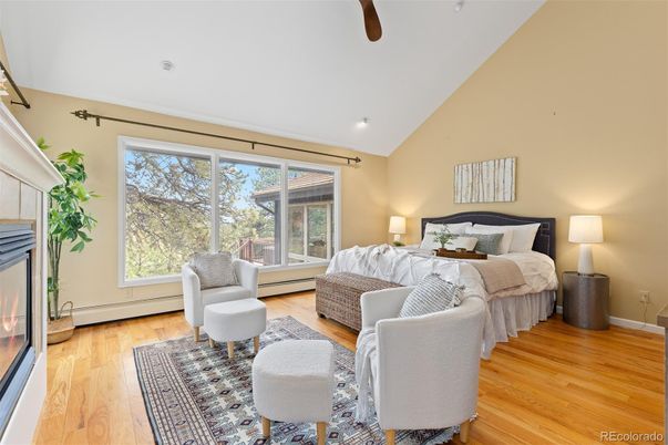 Bedroom, Fireplace, Interior, Recessed Lighting, Wood Texture Flooring