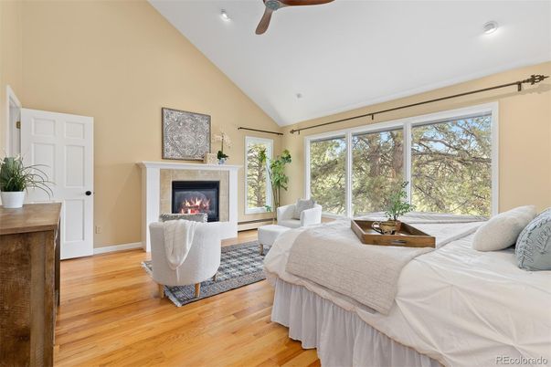 Bedroom, Fireplace, Interior, Recessed Lighting, Wood Texture Flooring