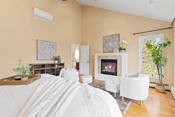 Bedroom, Fireplace, Interior, Recessed Lighting, Wood Texture Flooring
